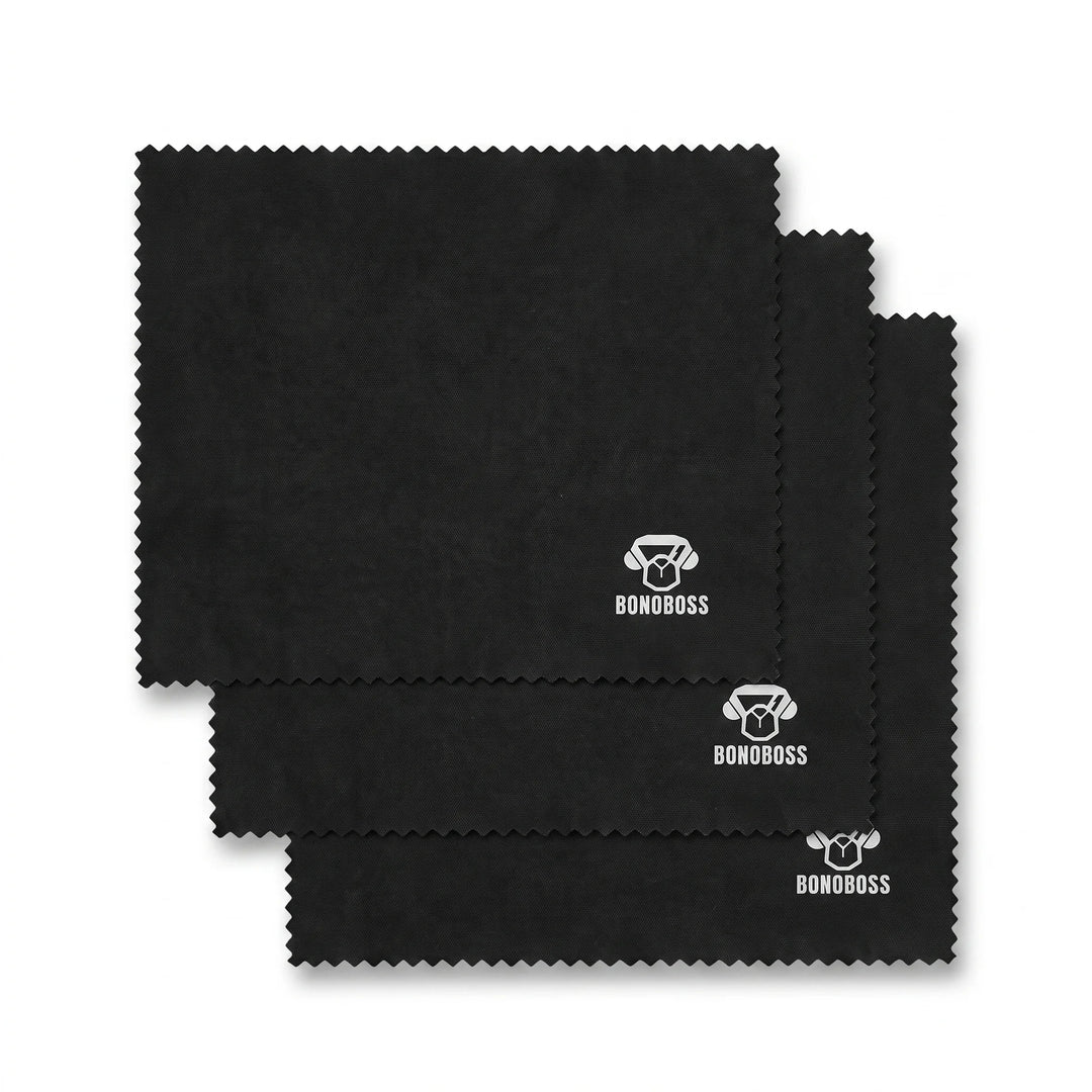 Paño de Microfibra para Lentes Bonoboss 17x15 cm — set completo de unidades sobre fondo blanco, set de 3 unidades