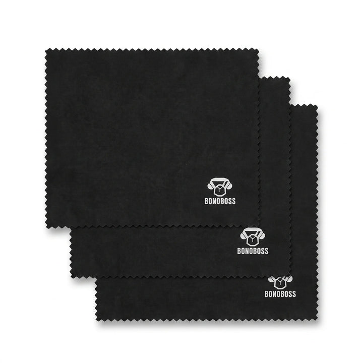 Paño de Microfibra para Lentes Bonoboss 17x15 cm — set completo de unidades sobre fondo blanco, set de 3 unidades