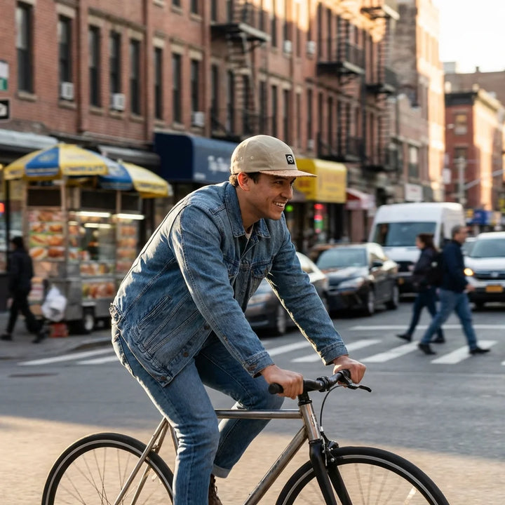 Gorro de corcho ecológico andando en bicicleta urbana Bonoboss