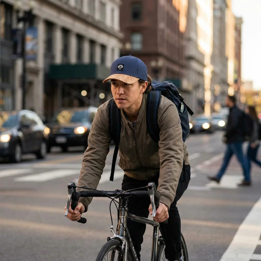 Gorro de corcho ecológico andando en bicicleta urbana Bonoboss