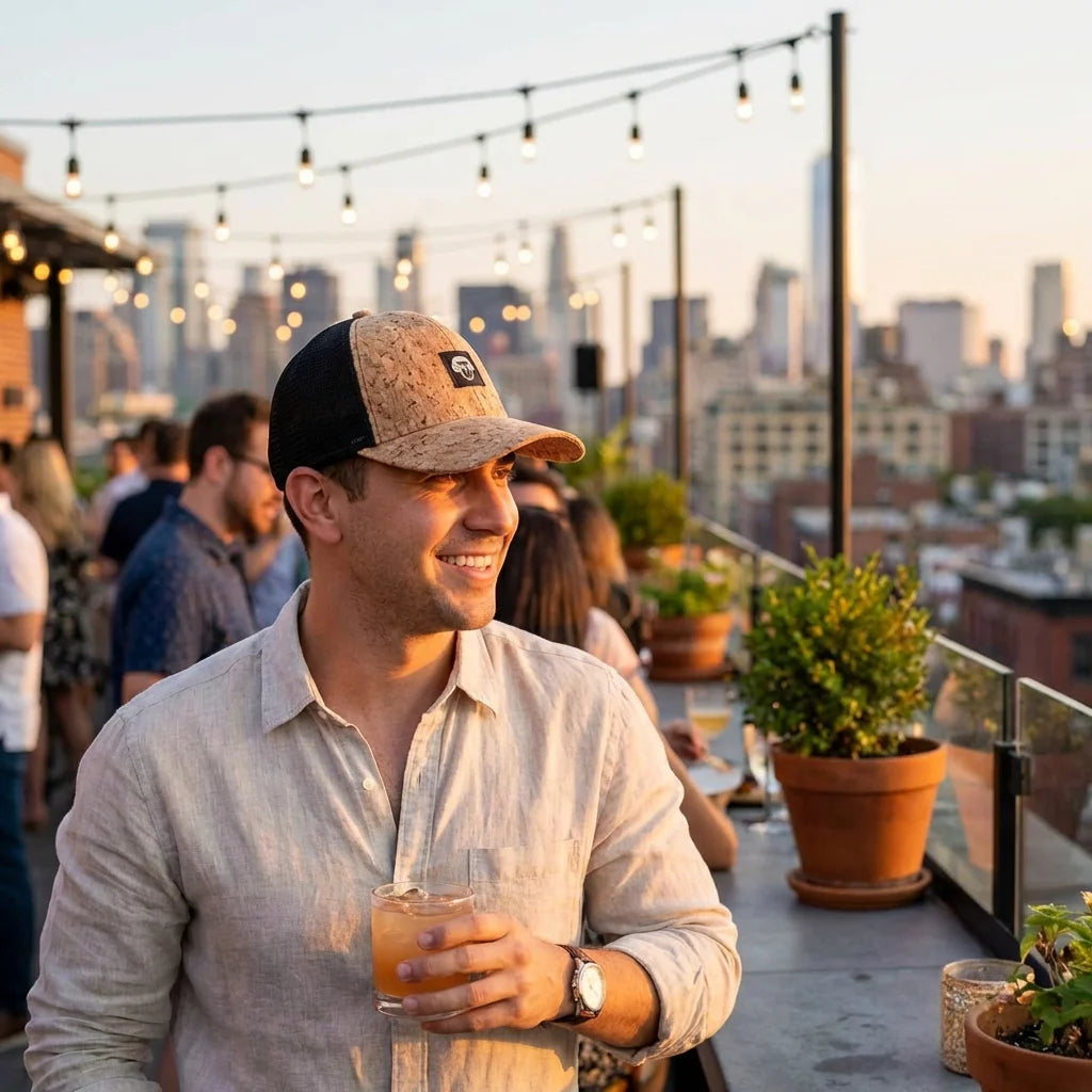 Gorro de corcho ecológico en rooftop bar social Bonoboss