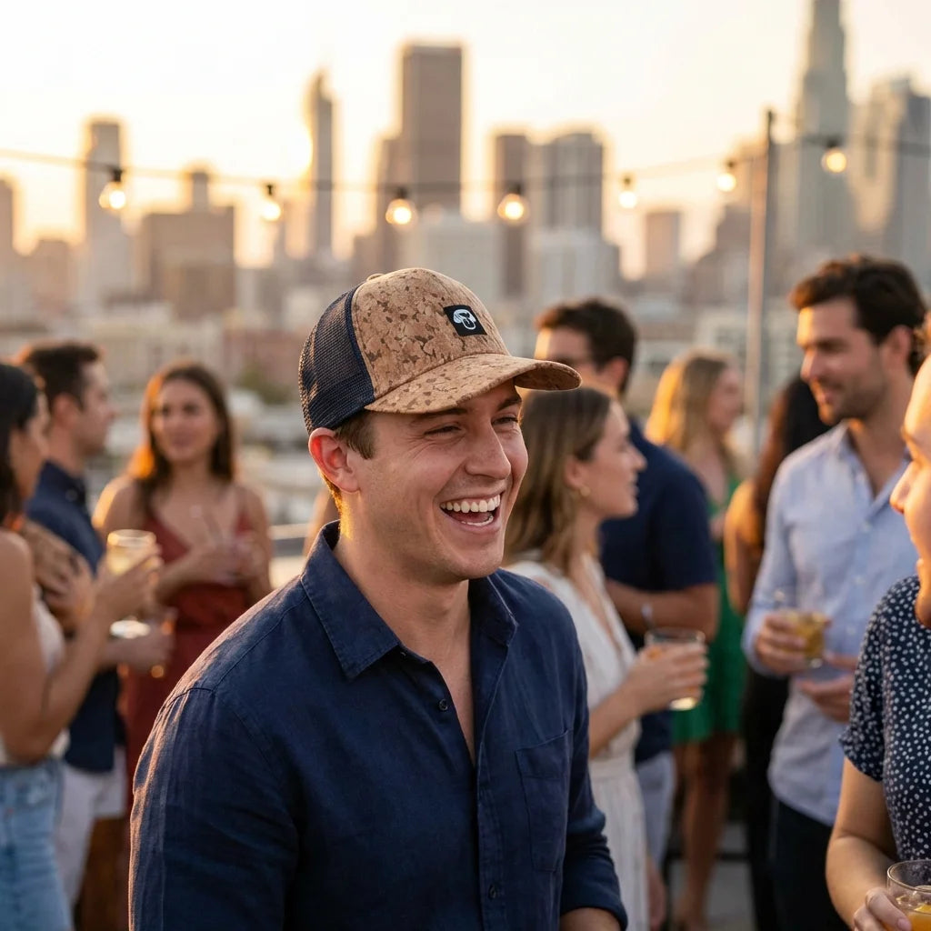 Gorro de corcho ecológico en rooftop bar social Bonoboss