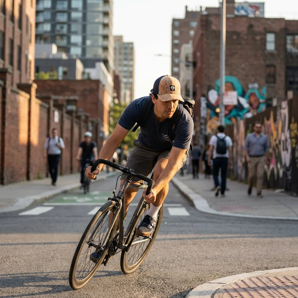 Gorro de corcho ecológico andando en bicicleta urbana Bonoboss