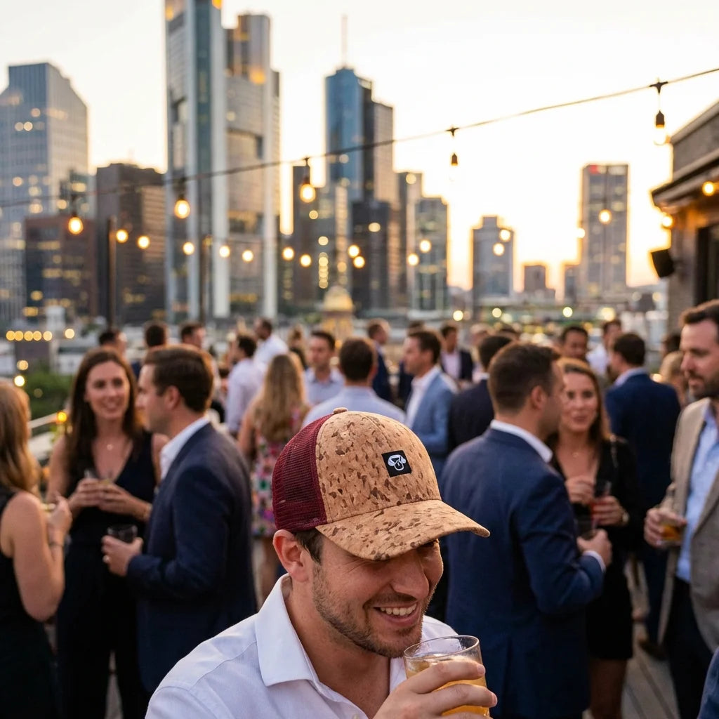 Gorro de corcho ecológico en rooftop bar social Bonoboss