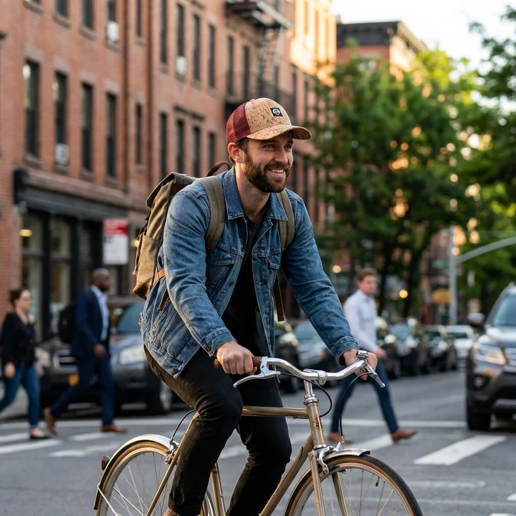 Gorro de corcho ecológico andando en bicicleta urbana Bonoboss