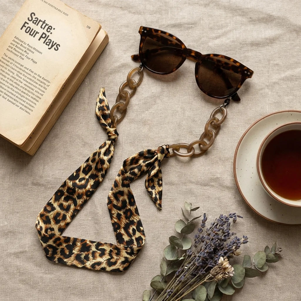 Strap pañuelo para lentes flat lay libros y té Bonoboss