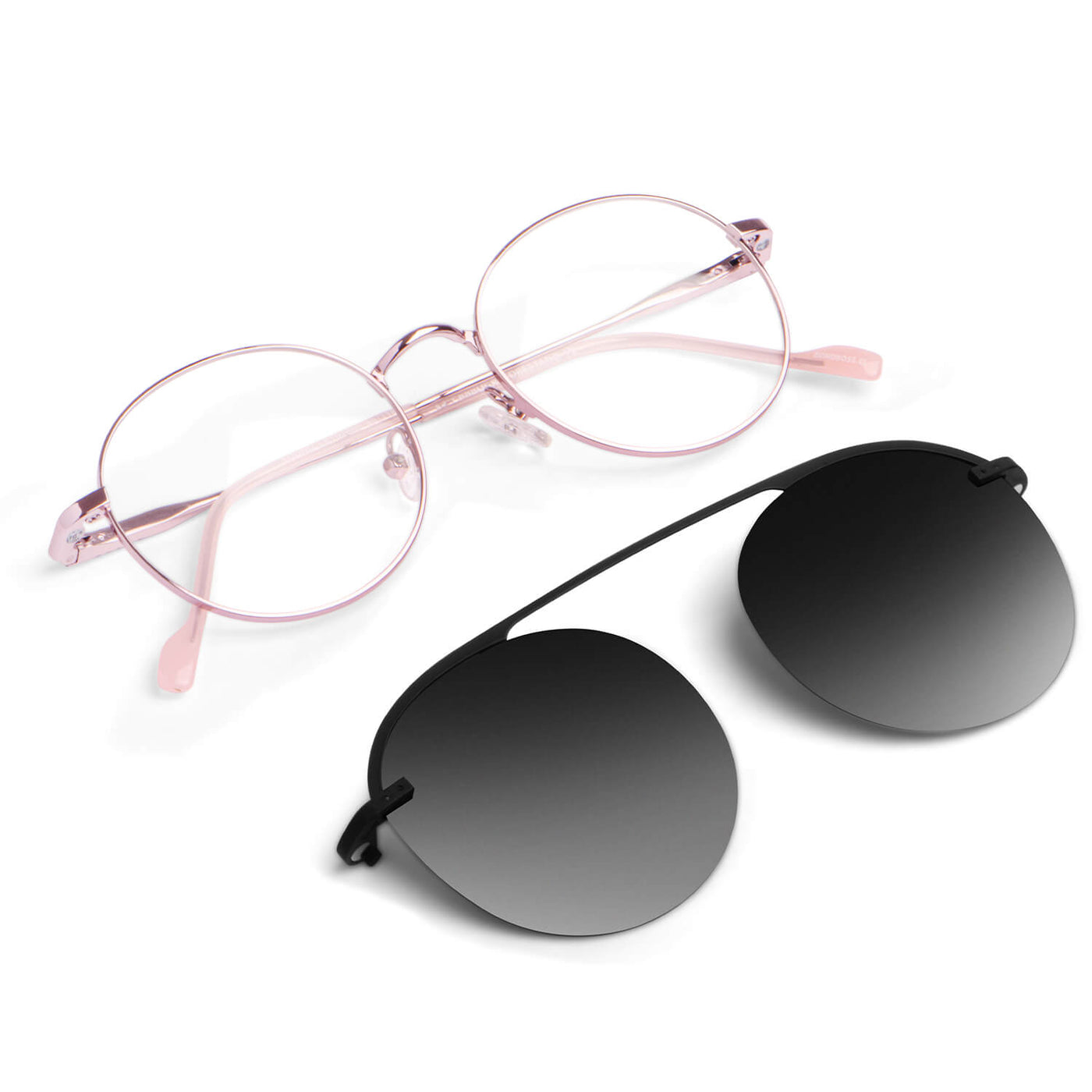 anteojos o marcos opticos redondos de color rosado con sobre lente clip sol iman polarizado para hombre y mujer de color barbie rosado