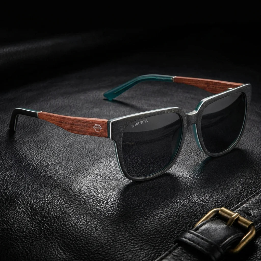 Lentes sol Selkie Boreal polarizados UV400 madera zebrano bio-acetato rosal sobre cuero negro detalle brass premium Bonoboss #editorial_polarizado #color_selkie-db-rosal