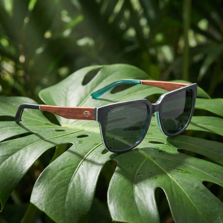 Lentes sol Selkie Boreal polarizados madera zebrano bio-acetato rosal composicion botanica hoja monstera Bonoboss #editorial_grid2 #color_selkie-db-rosal