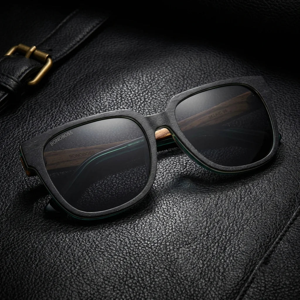 Lentes sol Selkie Boreal polarizados UV400 madera zebrano bio-acetato natural sobre cuero brass detalle premium Bonoboss #editorial_polarizado #color_selkie-db-zebrano