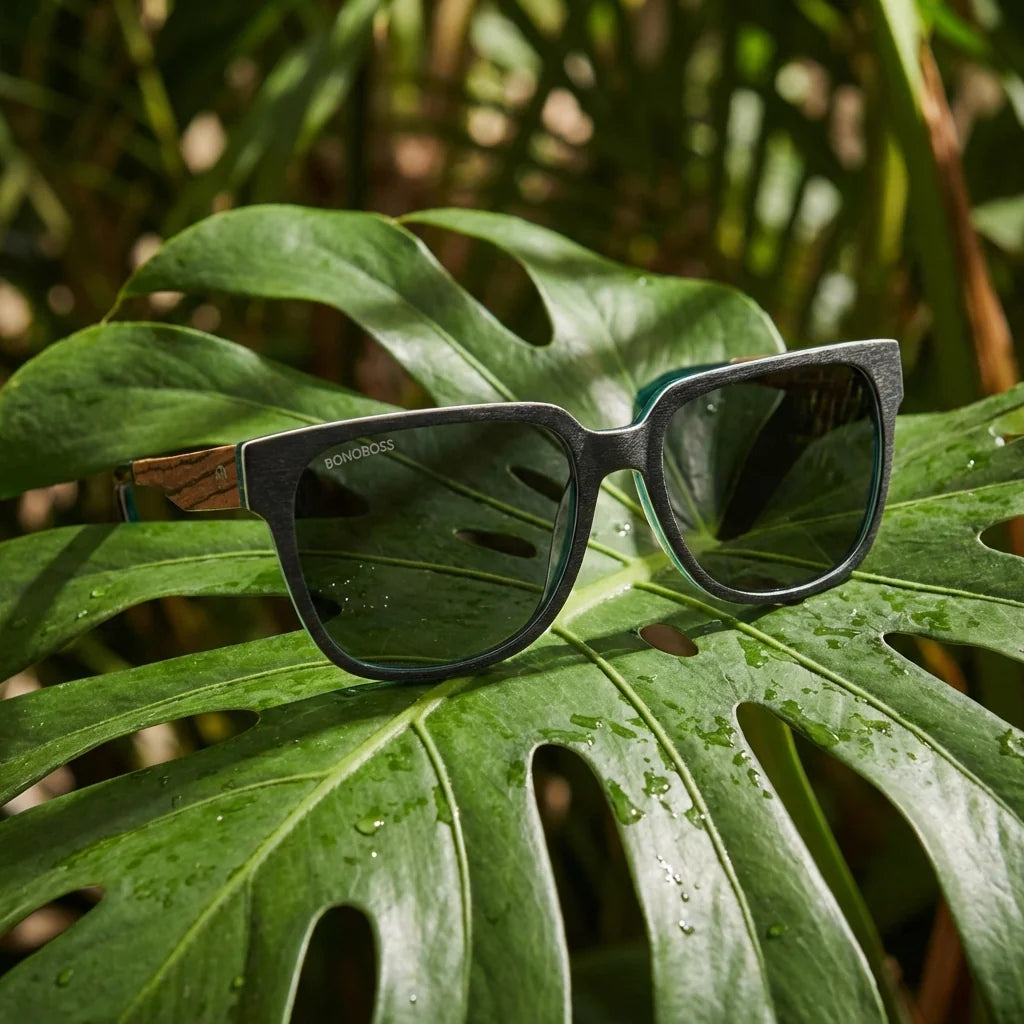 Lentes sol Selkie Boreal polarizados madera zebrano bio-acetato natural sobre hoja monstera botanica tropical Bonoboss #editorial_grid2 #color_selkie-db-zebrano