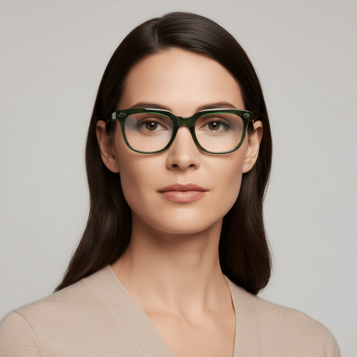 vista frontal de una mujer de cara ovalada y pelo liso de color castaño usando anteojos marcos opticos biodegradable de la marca Bonoboss en acetato sustentable reciclado de forma rectangular cuadrada y de #color_verde