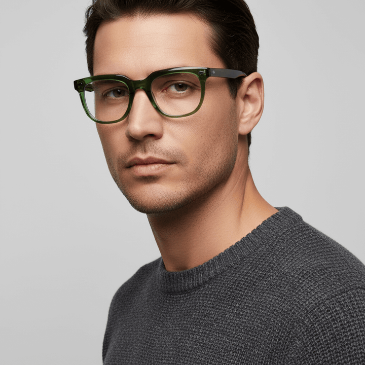 vista lateral de un hombre usando anteojos marcos opticos biodegradable de la marca Bonoboss en acetato sustentable reciclado de forma rectangular cuadrada y de #color_verde
