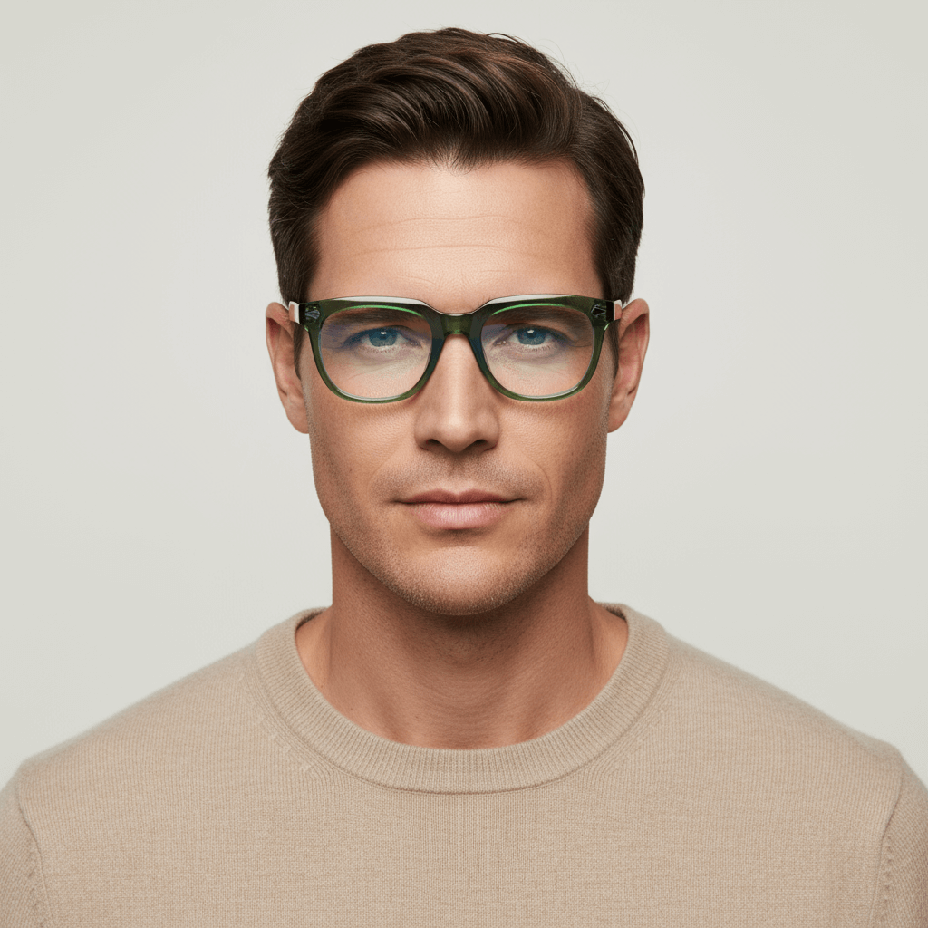 vista frontal de un hombre sonriendo usando anteojos marcos opticos biodegradable de la marca Bonoboss en acetato sustentable reciclado de forma rectangular cuadrada y de #color_verde
