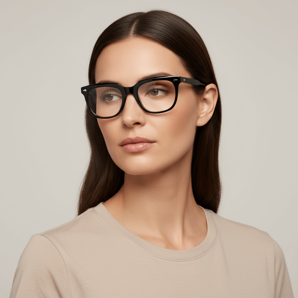 vista lateral de una mujer de cara redonda y pelo liso suelto usando anteojos marcos opticos biodegradable de la marca Bonoboss en acetato sustentable reciclado de forma rectangular cuadrada y de #color_negro