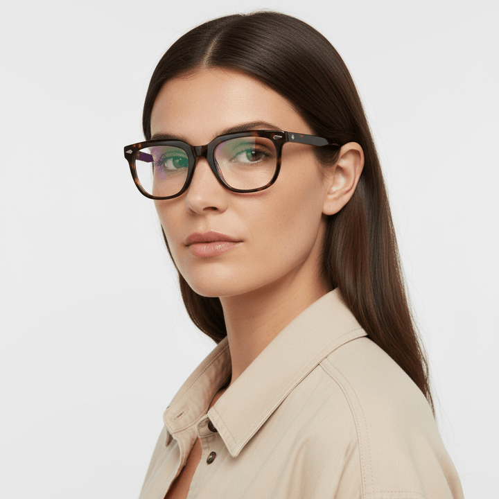 vista lateral de una mujer de pelo liso suelto usando anteojos marcos opticos biodegradable de la marca Bonoboss en acetato sustentable reciclado de forma rectangular cuadrada y de #color_carey