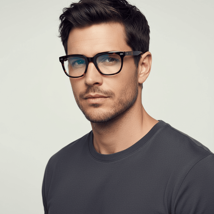 vista lateral de un modelo hombre usando anteojos marcos opticos biodegradable de la marca Bonoboss en acetato sustentable reciclado de forma rectangular cuadrada y de #color_carey
