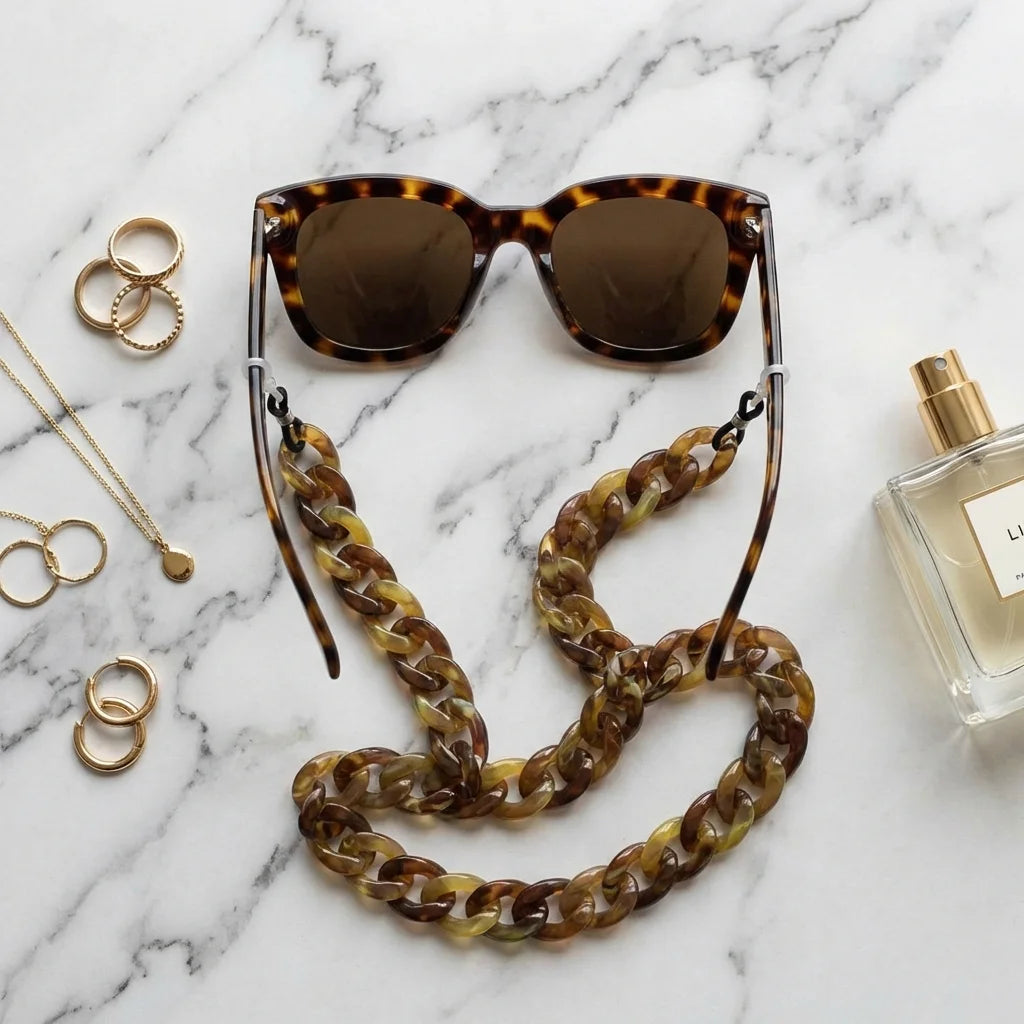 Cadena de acetato reciclado para lentes flat lay accesorios moda mármol Bonoboss