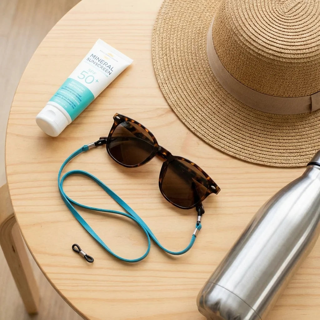 Correa para lentes reciclada flat lay esenciales de verano Bonoboss