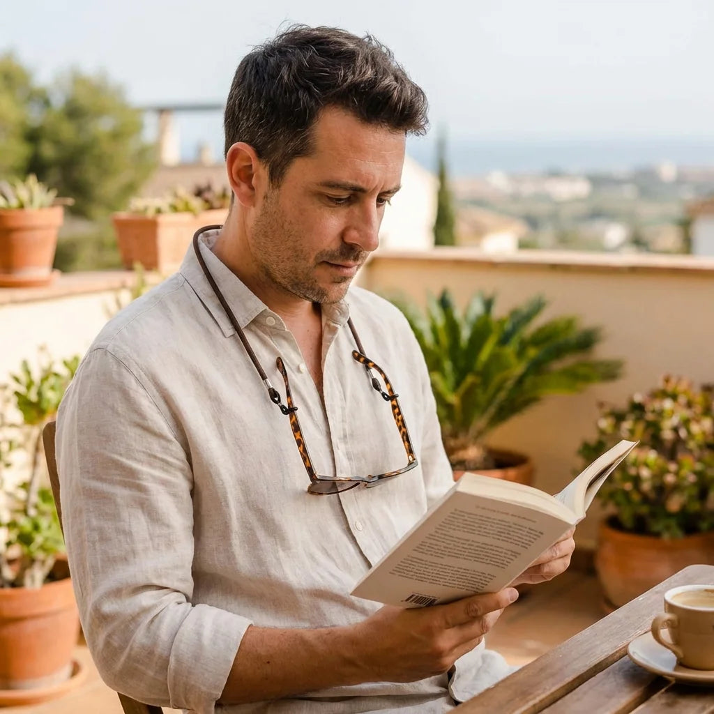 Correa para lentes reciclada leyendo en terraza exterior Bonoboss