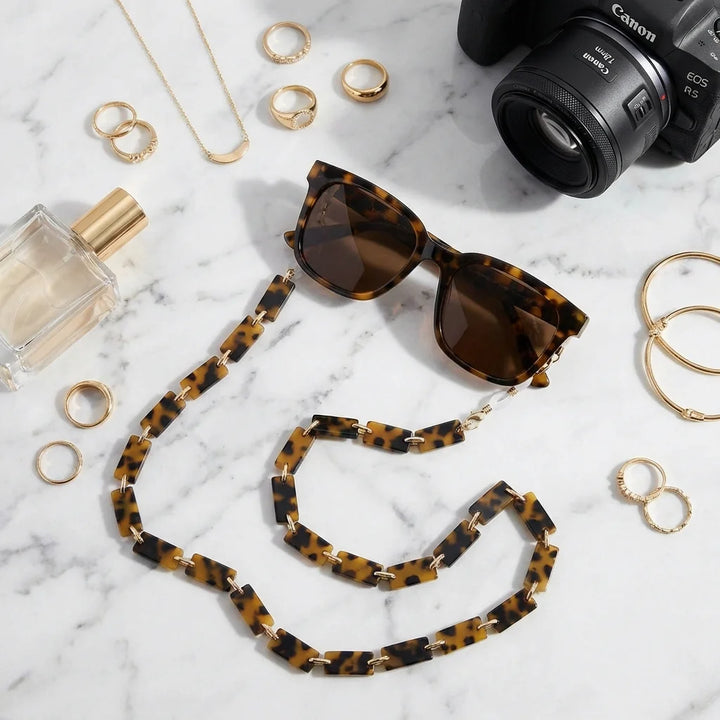 Cadena de acetato reciclado para lentes flat lay accesorios moda mármol Bonoboss