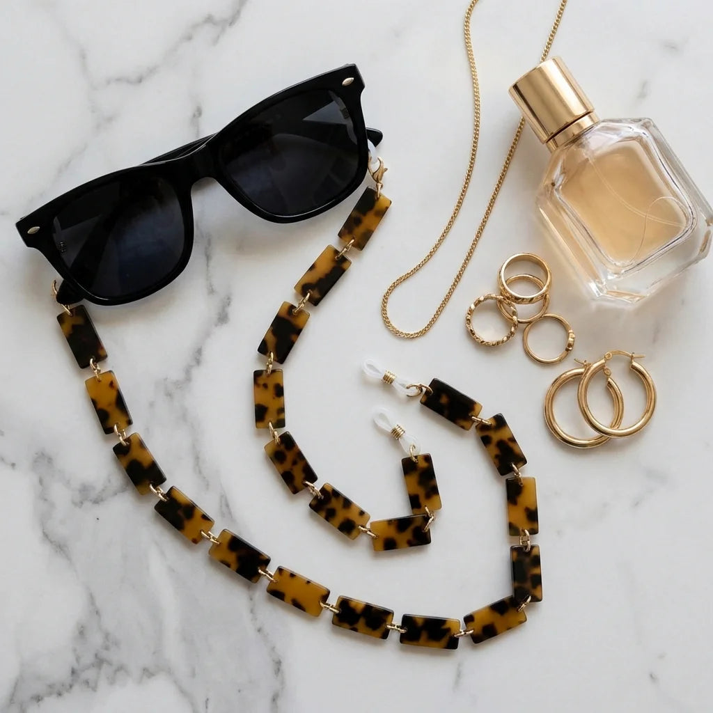 Cadena de acetato reciclado para lentes carey flat lay accesorios moda mármol Bonoboss #color_carey