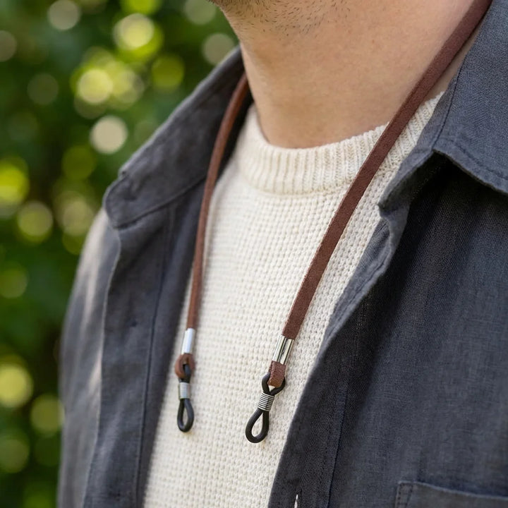Correa para lentes reciclada brown close-up en cuello outfit casual Bonoboss #color_brown