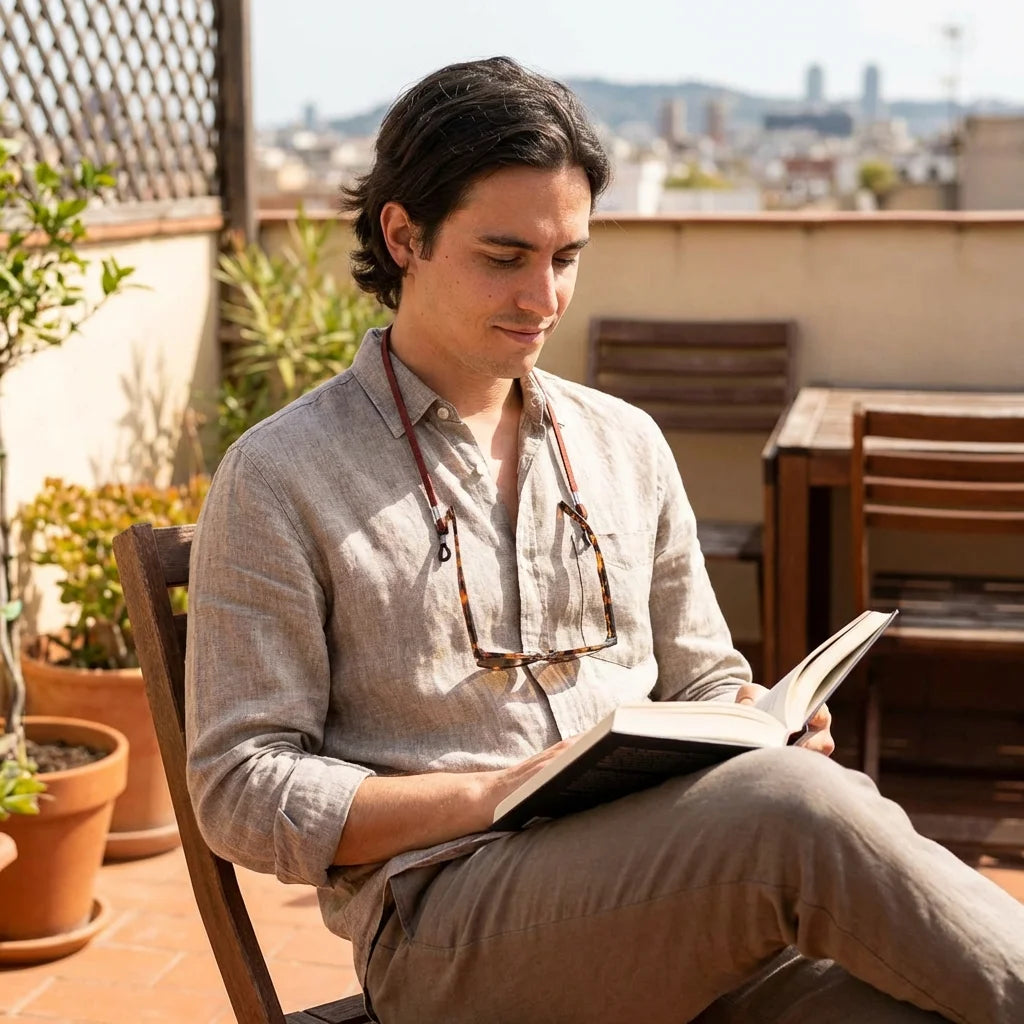 Correa para lentes reciclada brown leyendo en terraza exterior Bonoboss #color_brown
