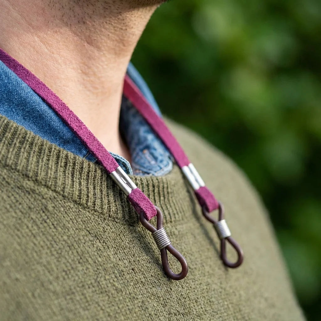 Correa para lentes reciclada burdeo close-up en cuello outfit casual Bonoboss #color_burdeo