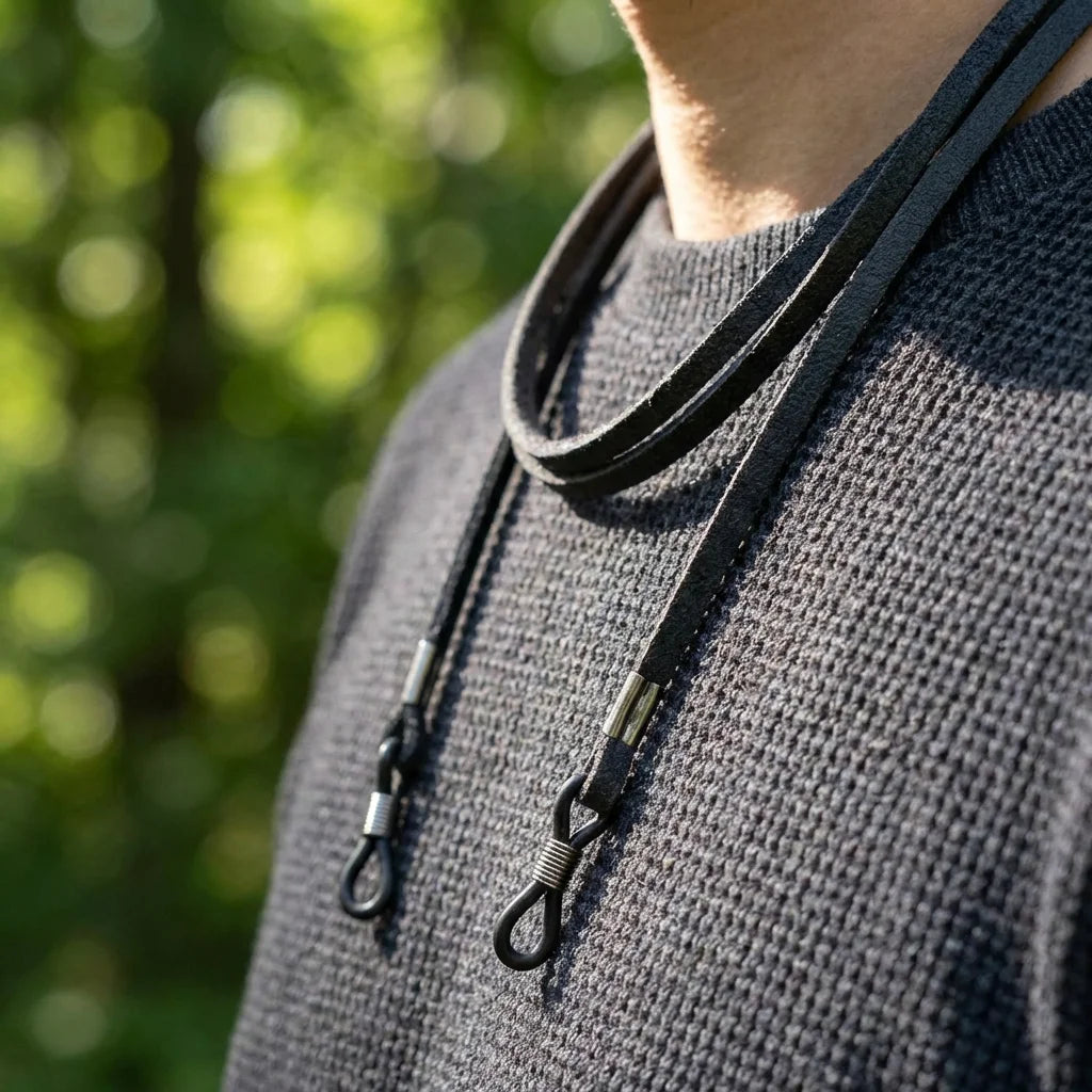 Correa para lentes reciclada negro close-up en cuello outfit casual Bonoboss #color_negro