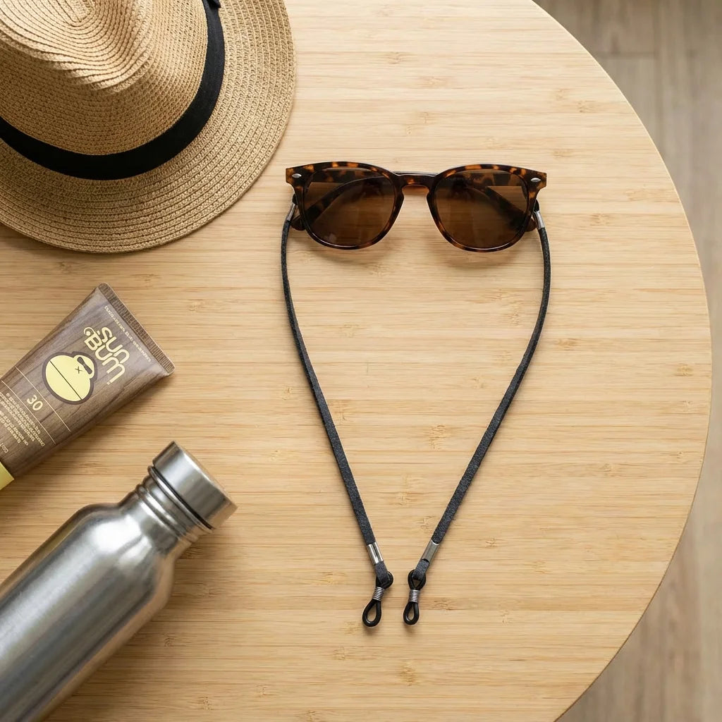 Correa para lentes reciclada negro flat lay esenciales de verano Bonoboss #color_negro