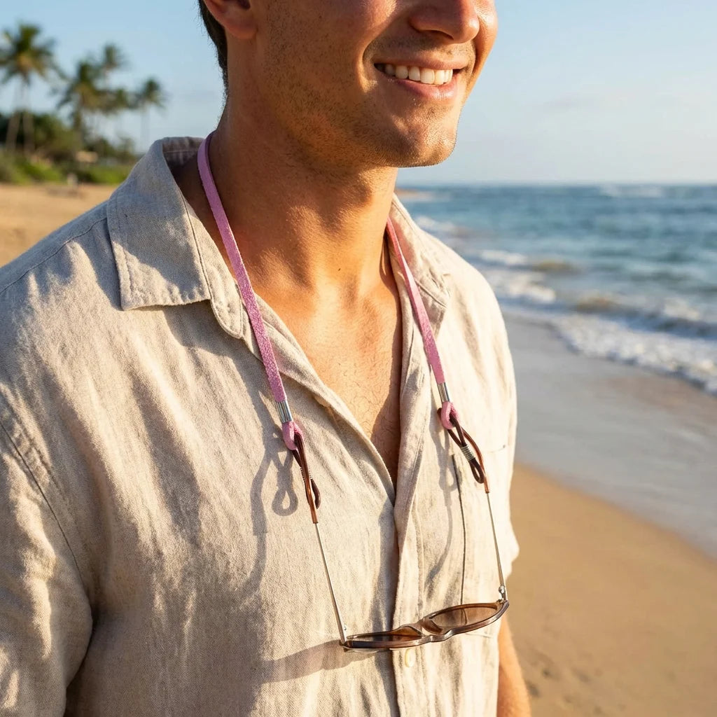 Correa para lentes reciclada rosado en playa lentes colgando cuello Bonoboss #color_rosado