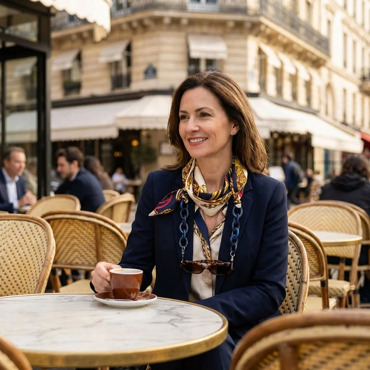 Strap pañuelo para lentes azul en café parisino elegante Bonoboss #color_azul