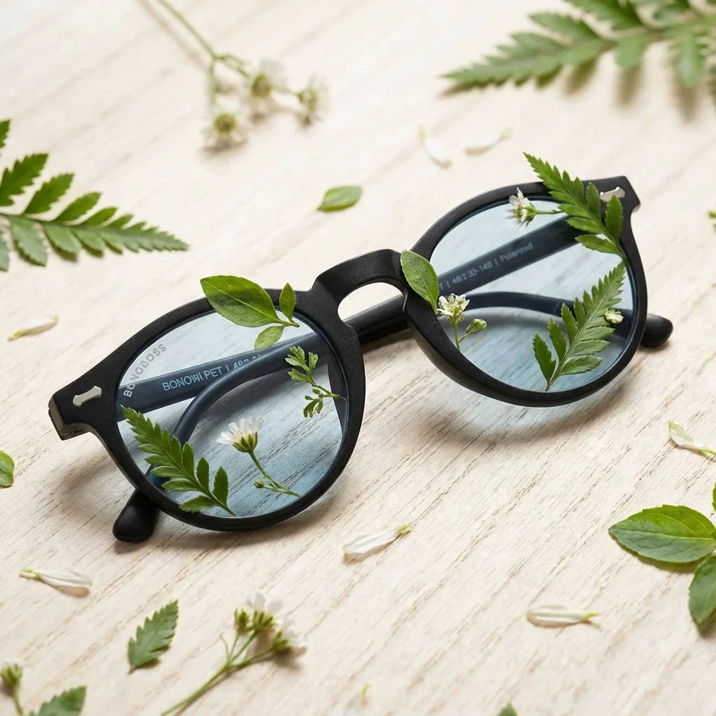 Lentes sol Temuco polarizados RPET reciclado del oceano azul entre hojas botanicas detalle lente verde Bonoboss #editorial_grid2 #color_azul