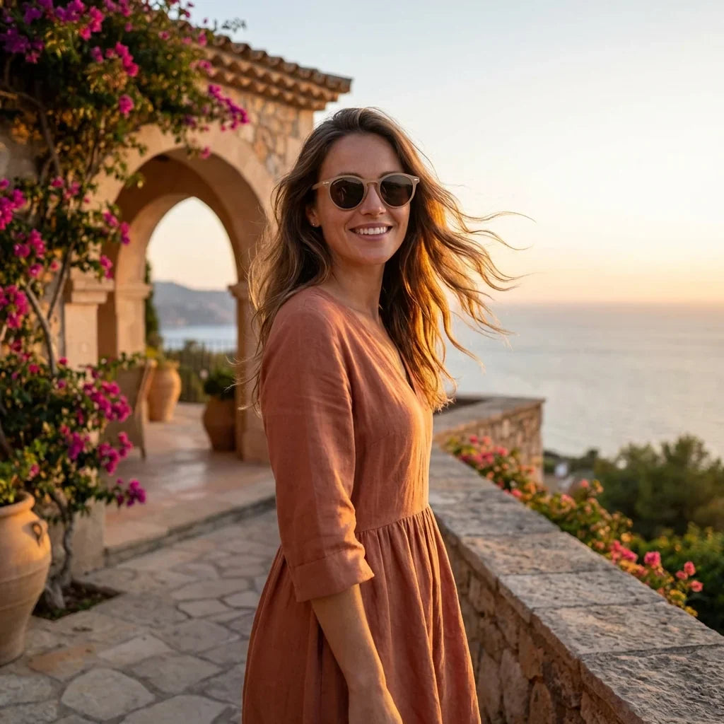 Mujer usando lentes sol Temuco RPET reciclado del oceano polarizados cafe atardecer dorado elegancia Bonoboss #editorial_banner #color_cafe