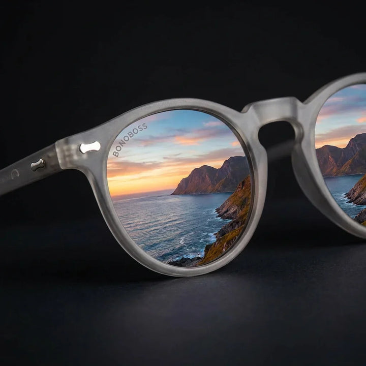 Lentes sol Temuco polarizados UV400 RPET reciclado del oceano gris close-up reflejo lente reduce reflejos Bonoboss #editorial_polarizado #color_gris