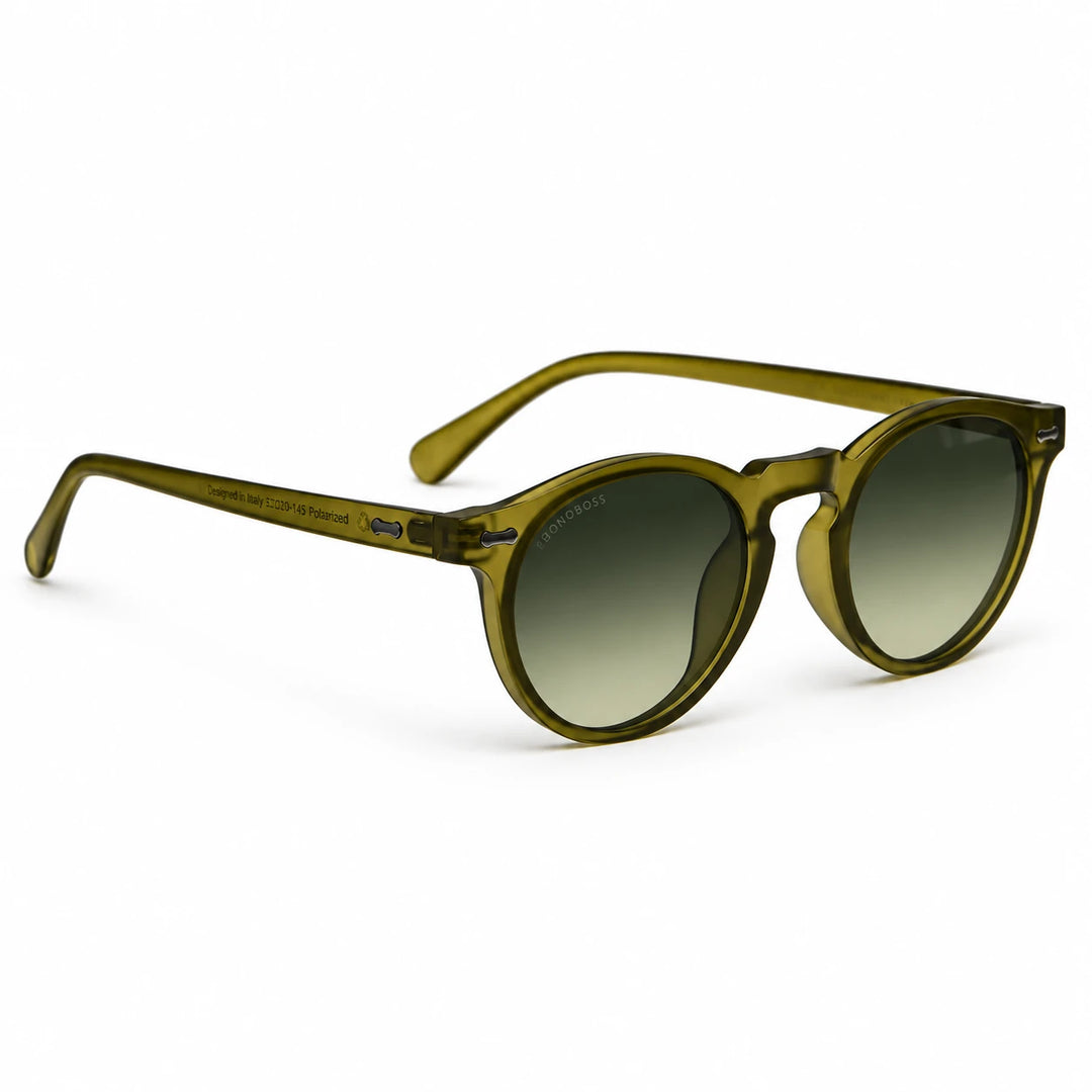 Lentes de sol Bonoboss Temuco RPET Olive Light vista tres cuartos plástico reciclado #editorial_angulo45 #color_olive-light