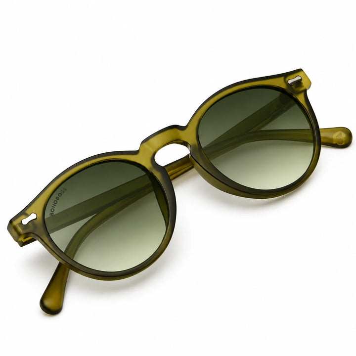 Lentes de sol Bonoboss Temuco RPET Olive Light armazón plegado vista superior plástico reciclado #editorial_plegado #color_olive-light