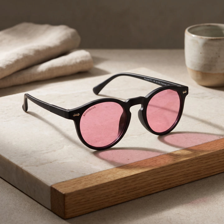 Lentes de sol Bonoboss Temuco RPET Rosado sobre piedra y roble con luz de ventana #editorial_sustentabilidad #color_rosado