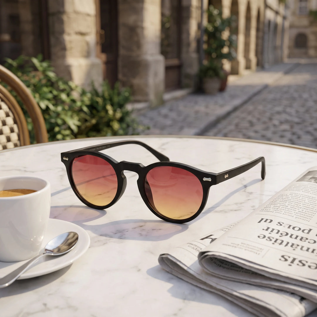 Lentes de sol Bonoboss Temuco RPET Sunset sobre mesa de mármol en terraza de café #editorial_grid1 #color_sunset