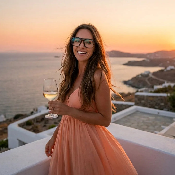Lentes opticos Tom Carey mujer en playa arena oceano antirreflex receta optica bio-acetato Bonoboss #editorial_mujer-playa #color_carey