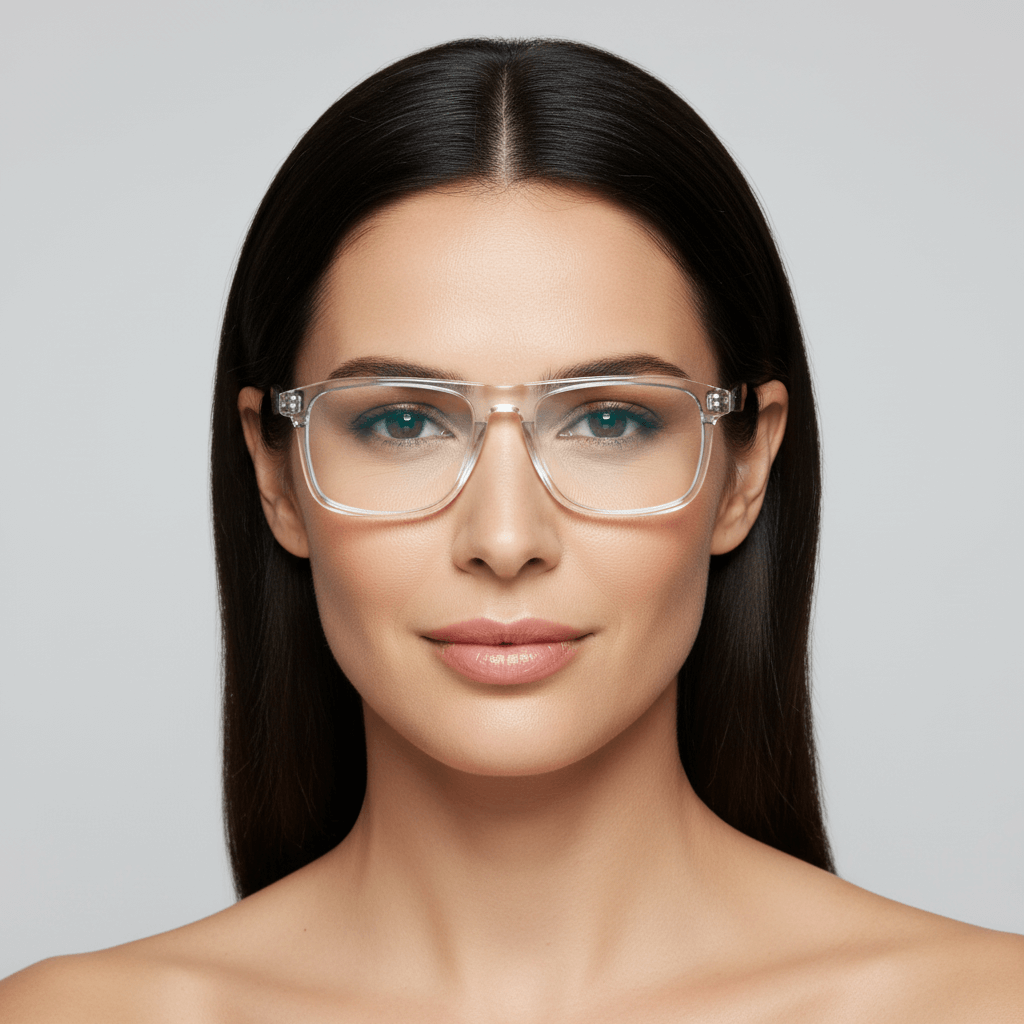 la vista frontal de una modelo mujer de cara ovalada redonda grande usando armazones opticos con clip de sol polarizados de Bonoboss en acetato de #color_transparente