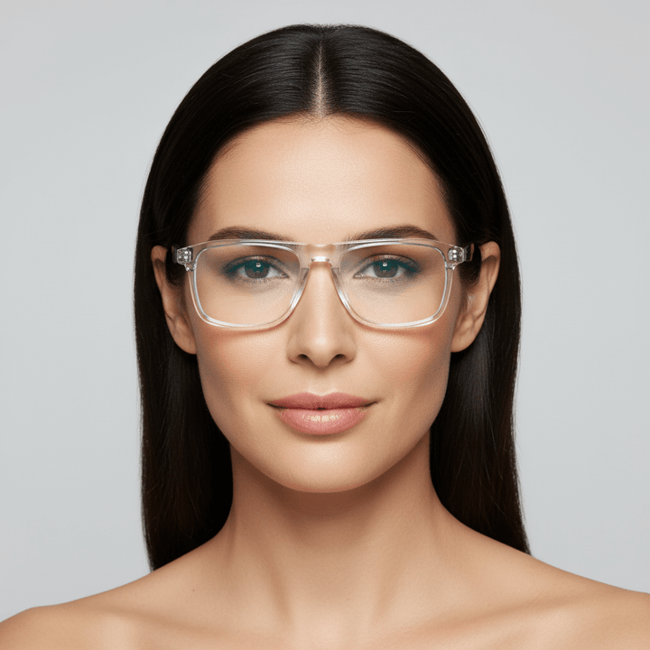 la vista frontal de una modelo mujer de cara ovalada redonda grande usando armazones opticos con clip de sol polarizados de Bonoboss en acetato de #color_transparente