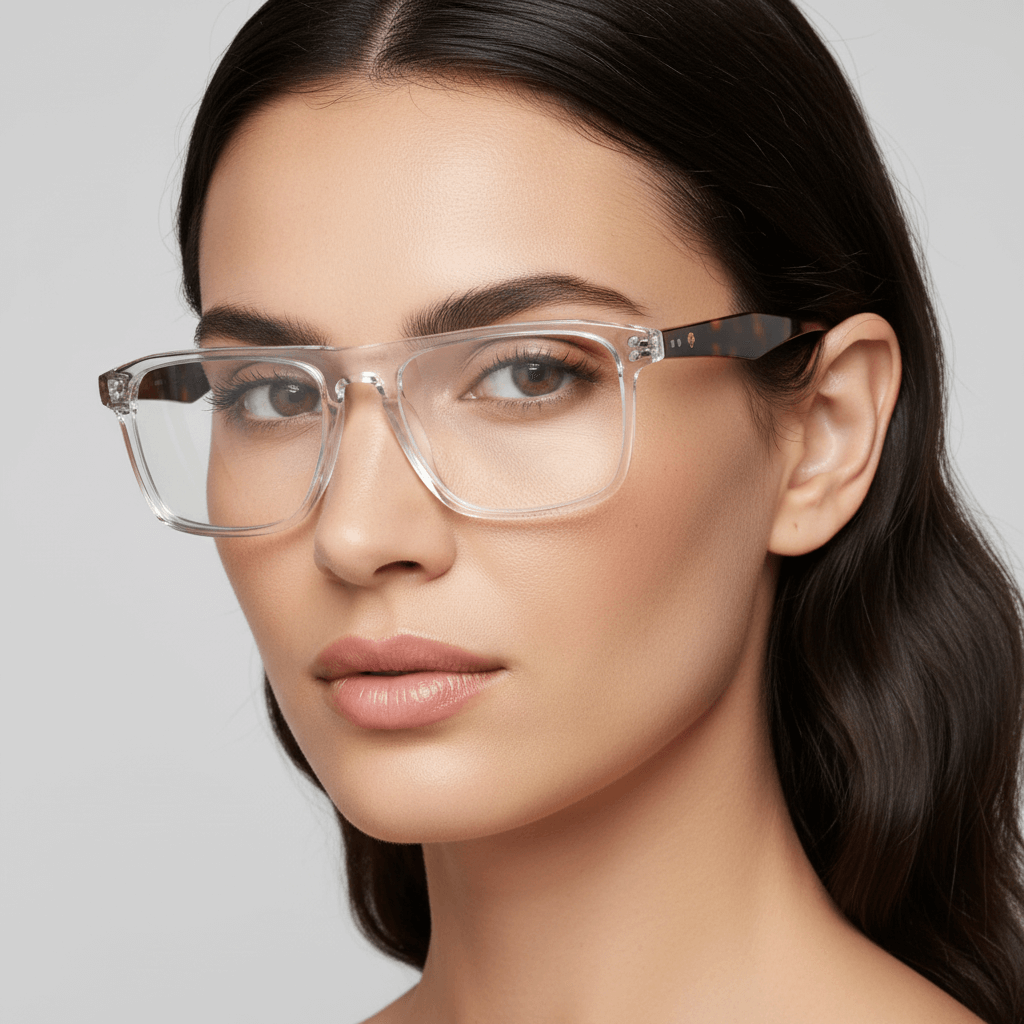 la vista lateral de una modelo mujer de cara ovalada redonda grande usando armazones opticos con clip de sol polarizados de Bonoboss en acetato de #color_transparente