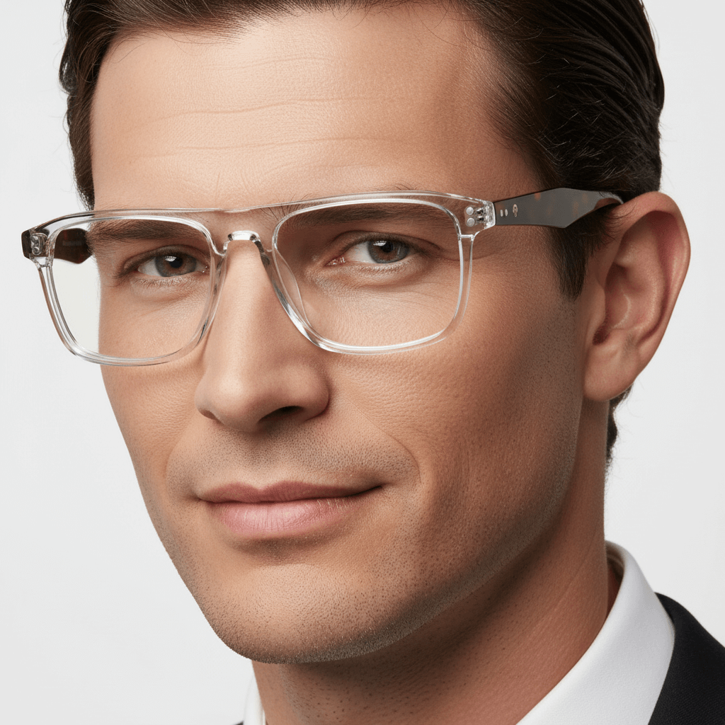 la vista lateral de un modelo hombre de cara ovalada redonda grande usando armazones opticos con clip de sol polarizados de Bonoboss en acetato de #color_transparente