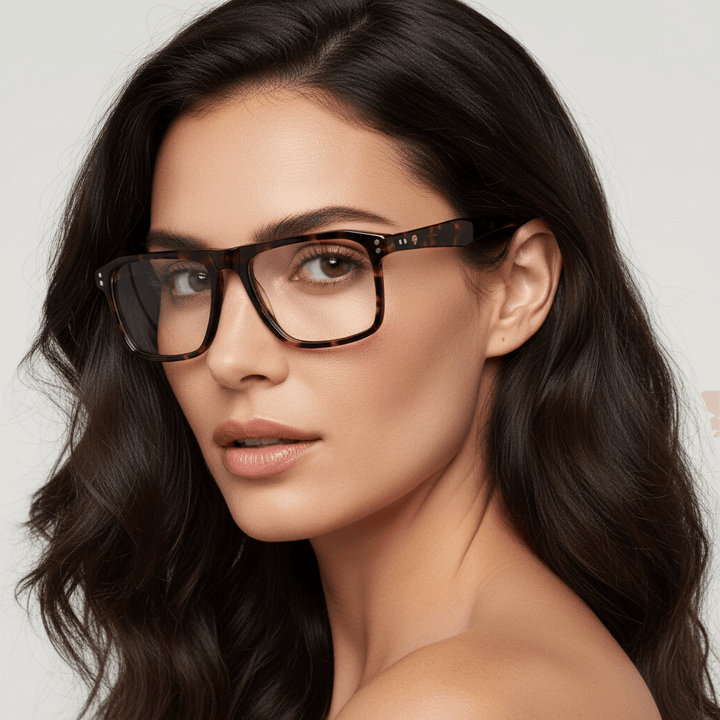 la vista lateral de una mujer de cara ovalada redonda grande usando armazones opticos con clip de sol polarizados de Bonoboss en acetato de #color_carey