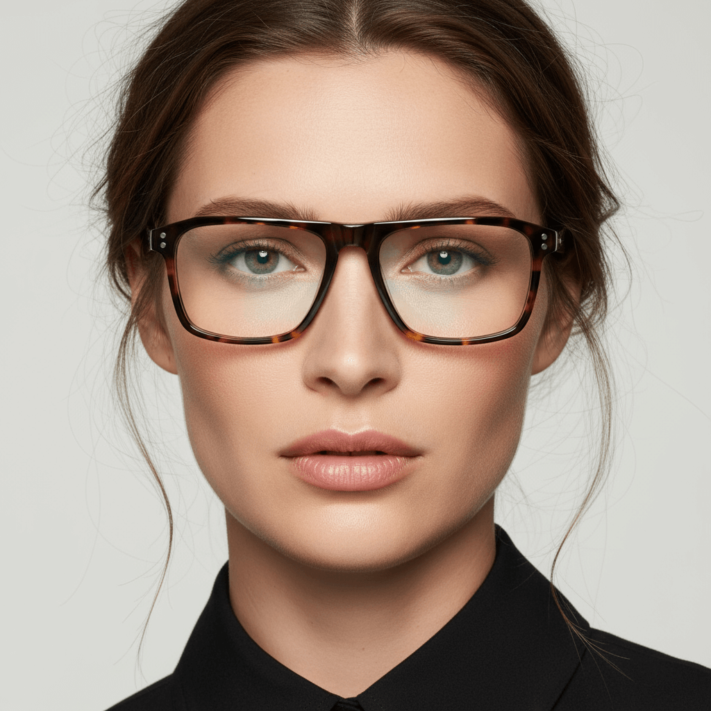 la vista frontal de una modelo mujer de cara ovalada redonda grande usando armazones opticos con clip de sol polarizados de Bonoboss en acetato de #color_carey