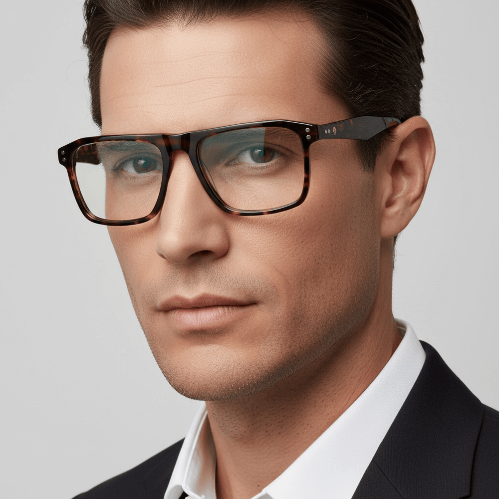 anteojos armazones marcos opticos con clip de sol polarizado rectangulares grandes en acetato sustentable biodegradable una vista angulada del color #color_carey