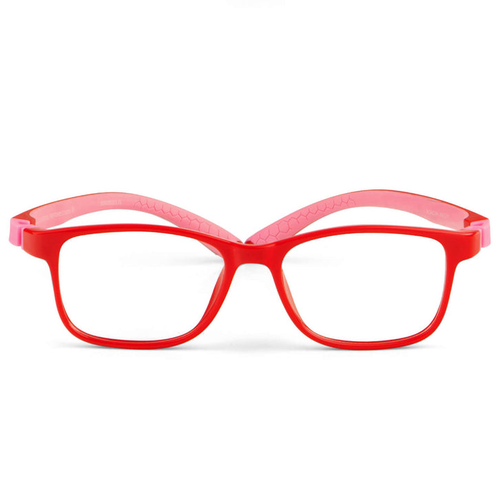 anteojos o marcos opticos de niño y niña de forma rectangular de unos anteojos. armazones opticos de goma indestructibles para niños de color rojo y patas rosadas y forma rectangular  #color_rojo