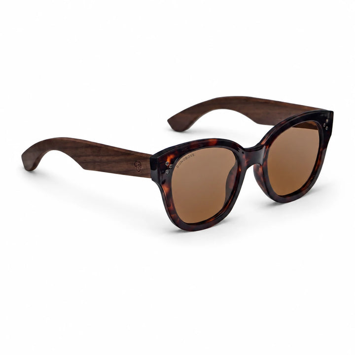 Lentes de sol Bonoboss Tren Tren Carey vista tres cuartos varillas de madera #editorial_angulo45 #color_carey
